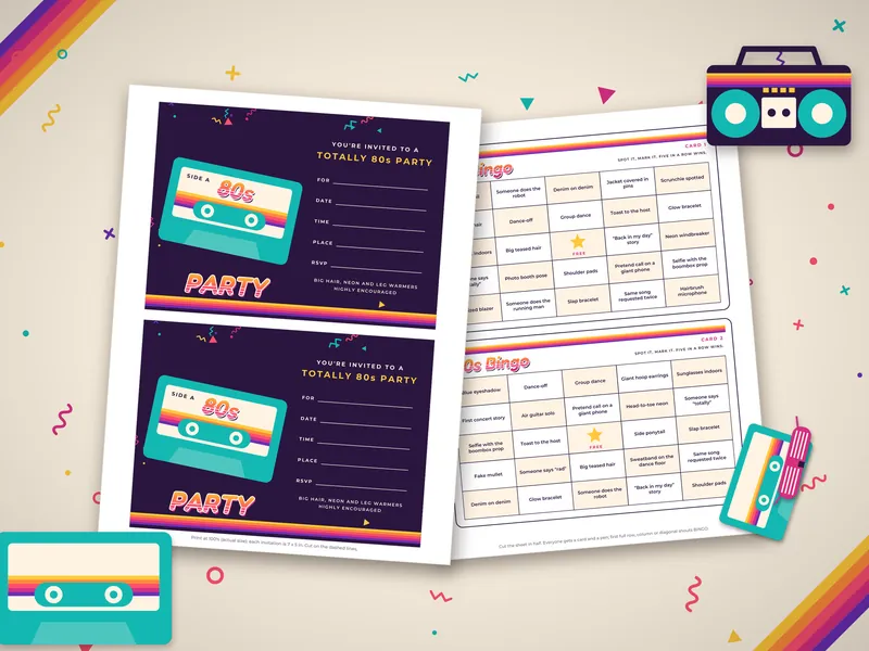 80s Retro Party Kit: printed pages laid flat