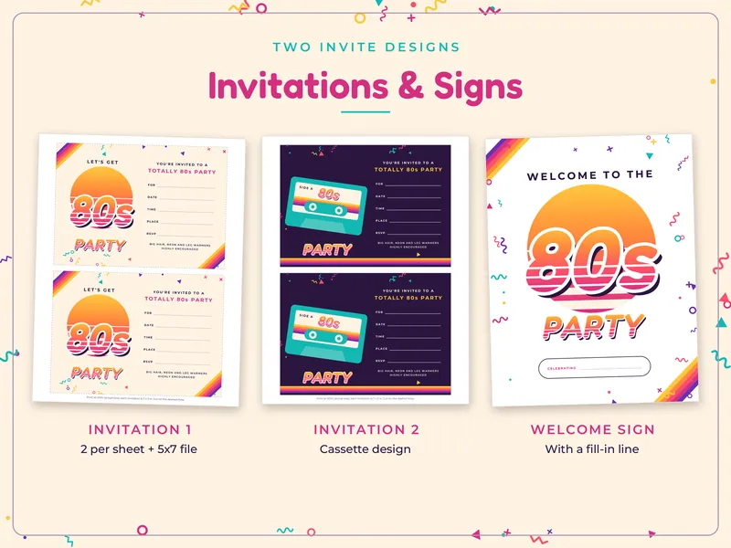 80s Retro Party Kit: invitations and signs