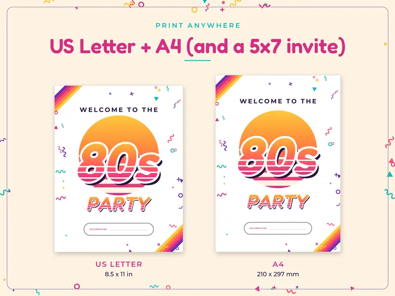 80s Retro Party Kit: paper sizes
