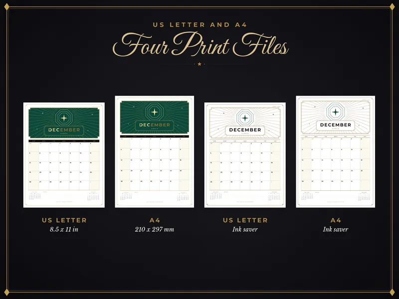 2027 Art Deco Calendar: paper sizes