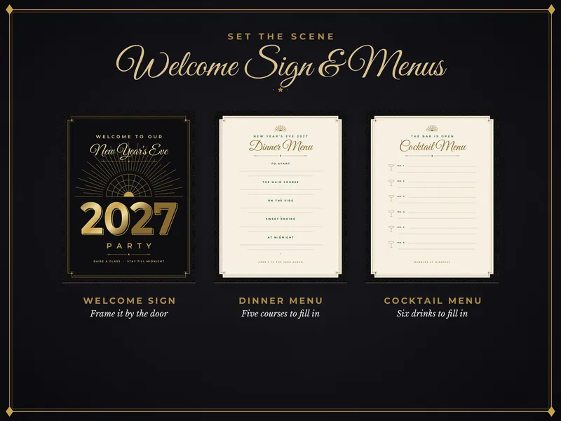 Art Deco New Year's Eve Party Kit: welcome sign and menus