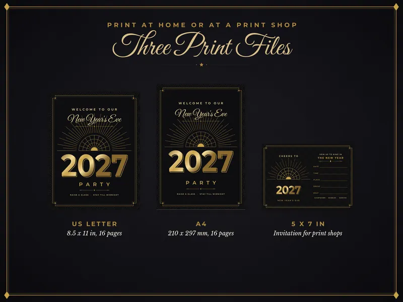 Art Deco New Year's Eve Party Kit: paper sizes