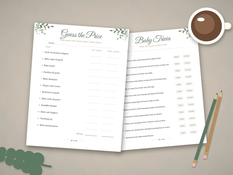 Baby Shower Games Bundle: printed pages laid flat