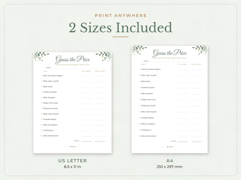 Baby Shower Games Bundle: paper sizes