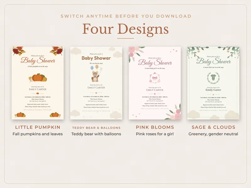 Editable Baby Shower Invitation: four designs