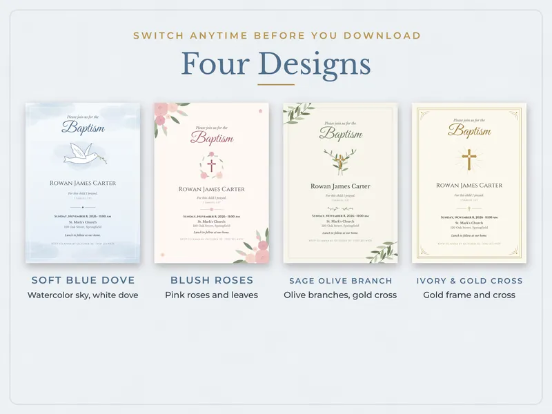 Editable Baptism Invitation: four designs