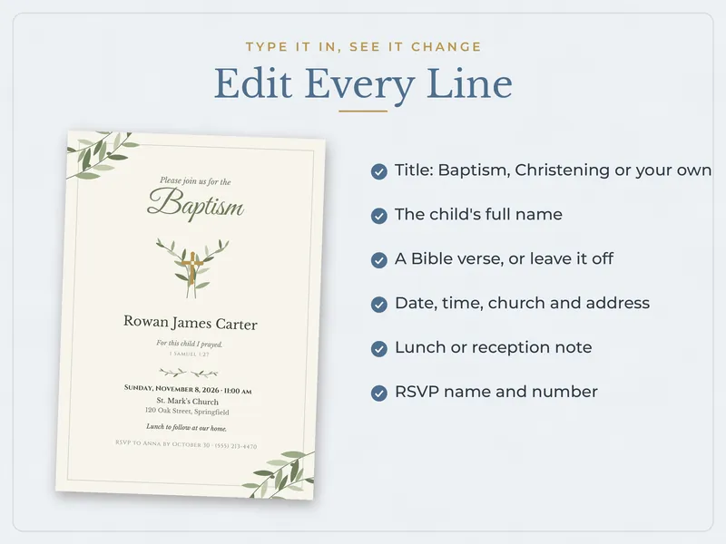 Editable Baptism Invitation: edit every line