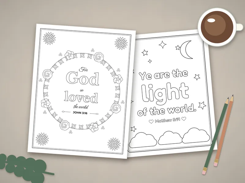 Bible Verse Coloring Pages: printed pages laid flat