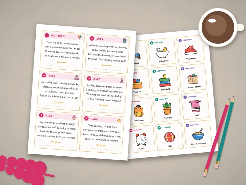 Birthday Scavenger Hunt for Kids: printed pages laid flat