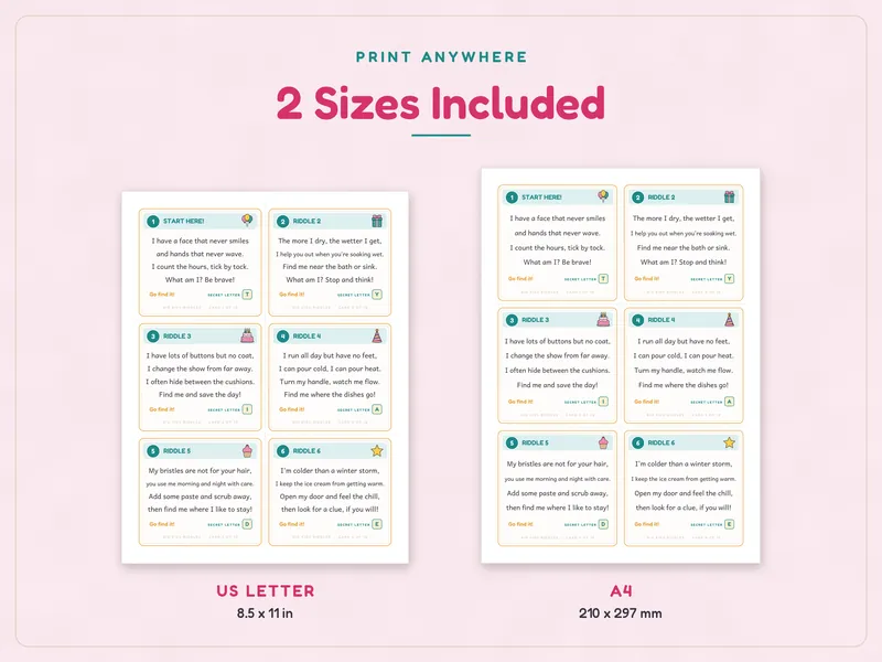 Birthday Scavenger Hunt for Kids: paper sizes