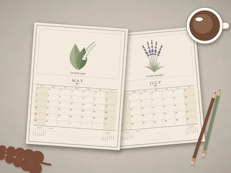 2027 Vintage Botanical Calendar: printed pages laid flat