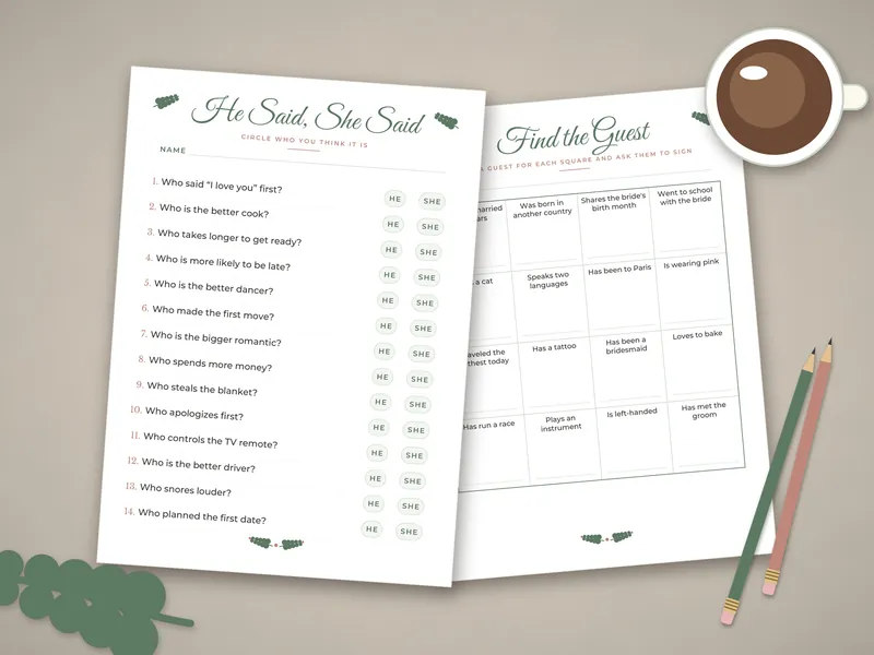 Bridal Shower Games Bundle: printed pages laid flat