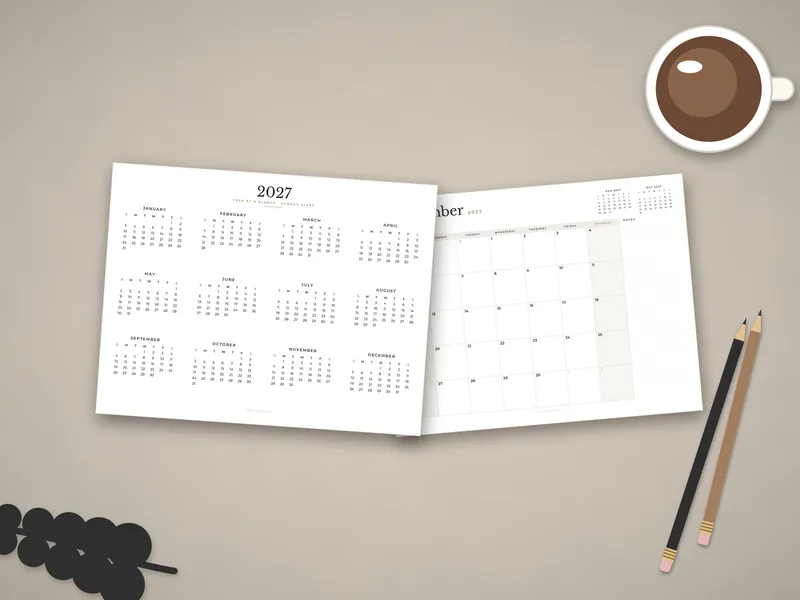 Minimal 2027 Calendar: printed pages laid flat