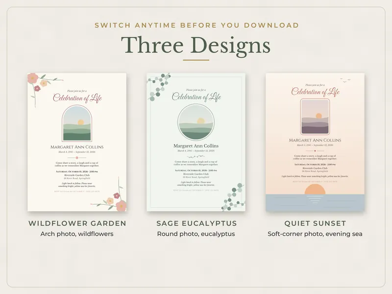 Editable Celebration of Life Invitation: three designs