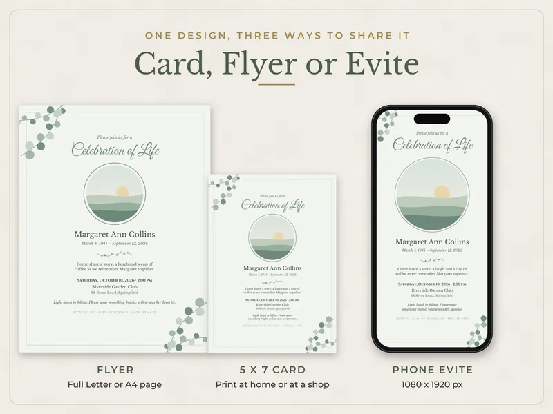 Editable Celebration of Life Invitation: card, flyer or Evite