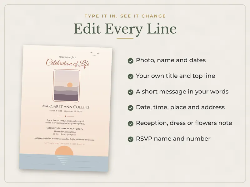 Editable Celebration of Life Invitation: edit every line