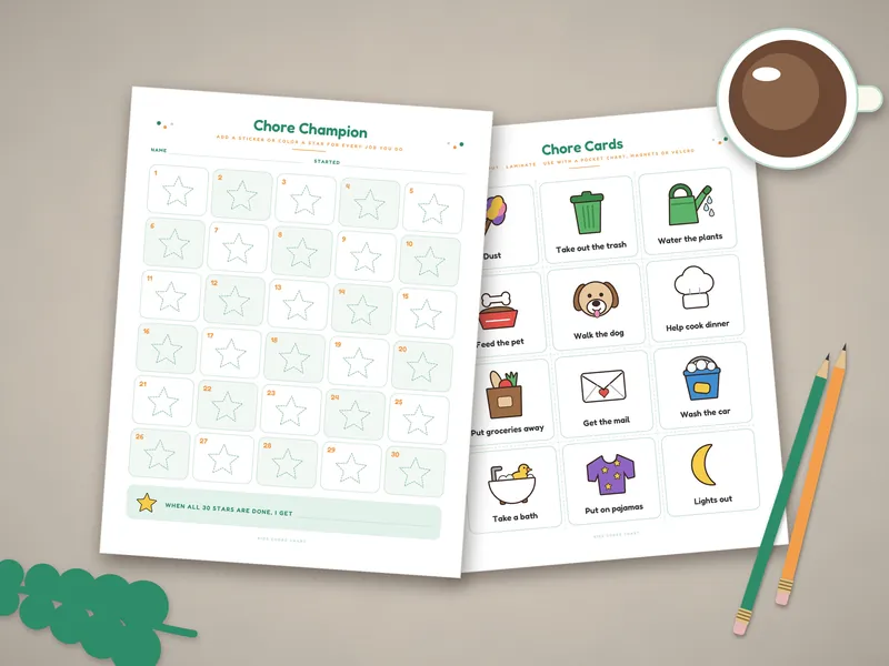 Picture Chore Chart Set for Kids: printed pages laid flat