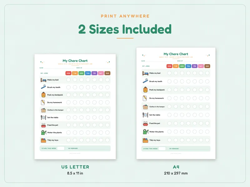 Picture Chore Chart Set for Kids: paper sizes