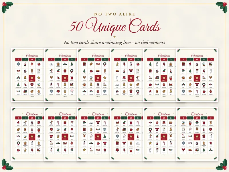 Christmas Picture Bingo: 50 unique cards