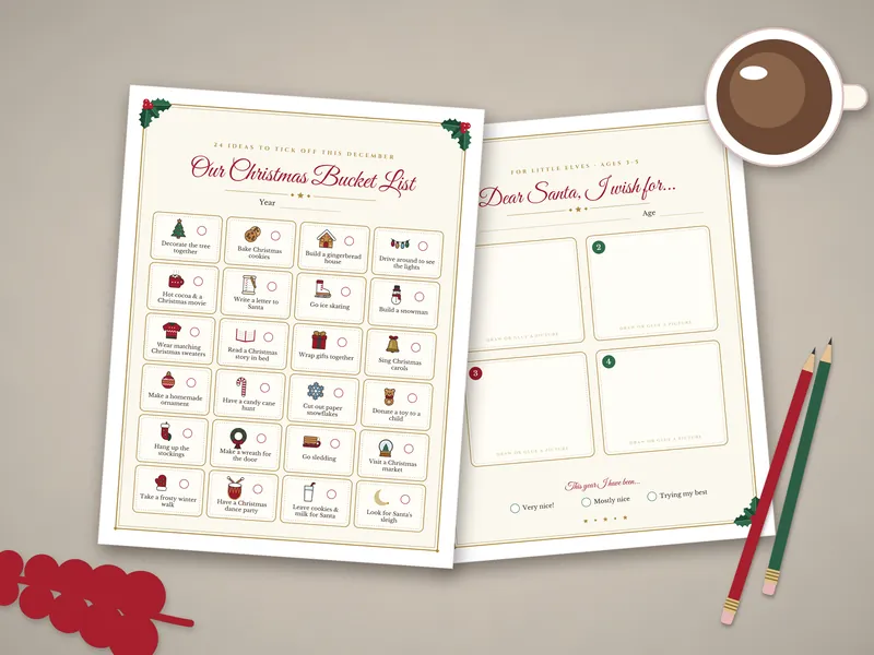 Christmas Bucket List and Family Wish Lists: printed pages laid flat