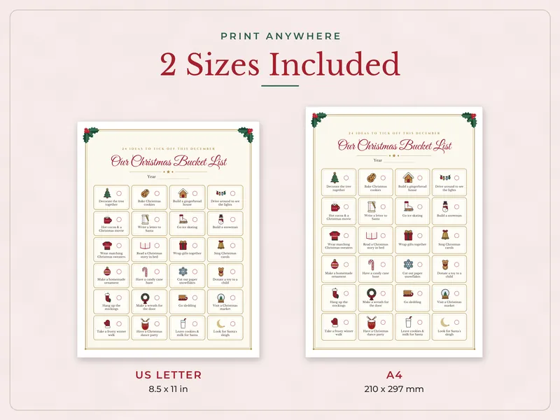 Christmas Bucket List and Family Wish Lists: paper sizes