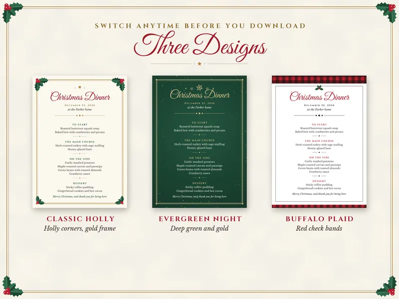 Editable Christmas Dinner Menu and Place Cards: three designs