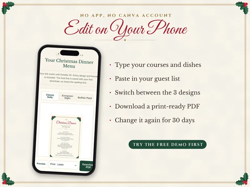 Editable Christmas Dinner Menu and Place Cards: edit on a phone
