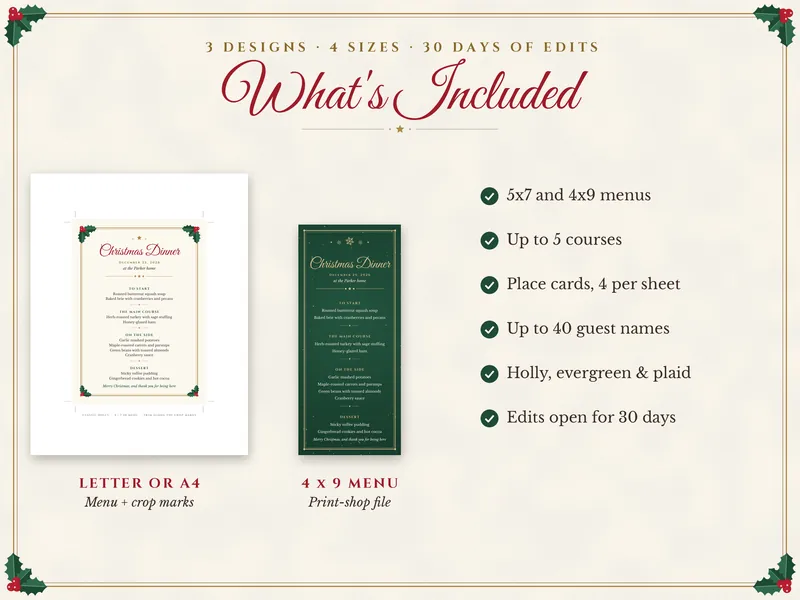 Editable Christmas Dinner Menu and Place Cards: what's included