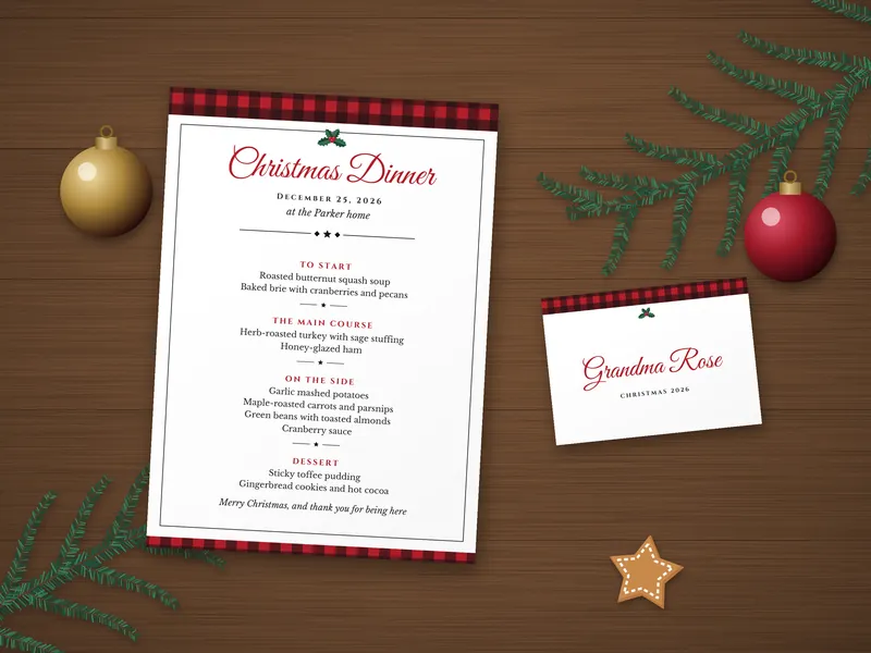 Editable Christmas Dinner Menu and Place Cards: printed pages laid flat