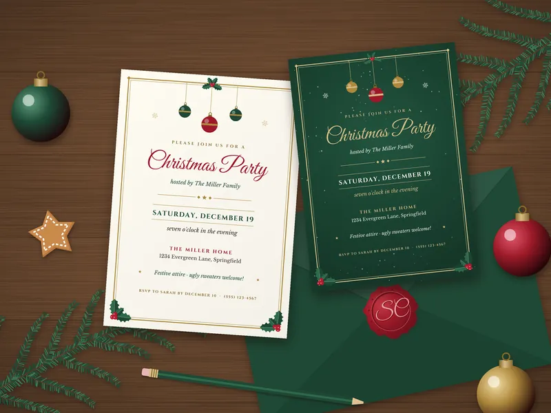 Editable Christmas Party Invitation: printed pages laid flat