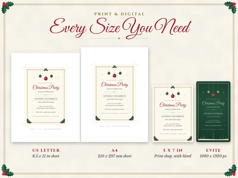 Editable Christmas Party Invitation: paper sizes