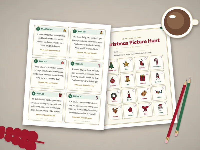 Christmas Scavenger Hunt for Kids: printed pages laid flat