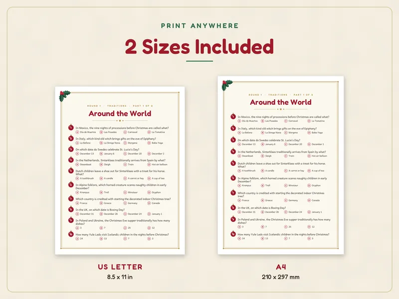 Christmas Trivia Game: paper sizes