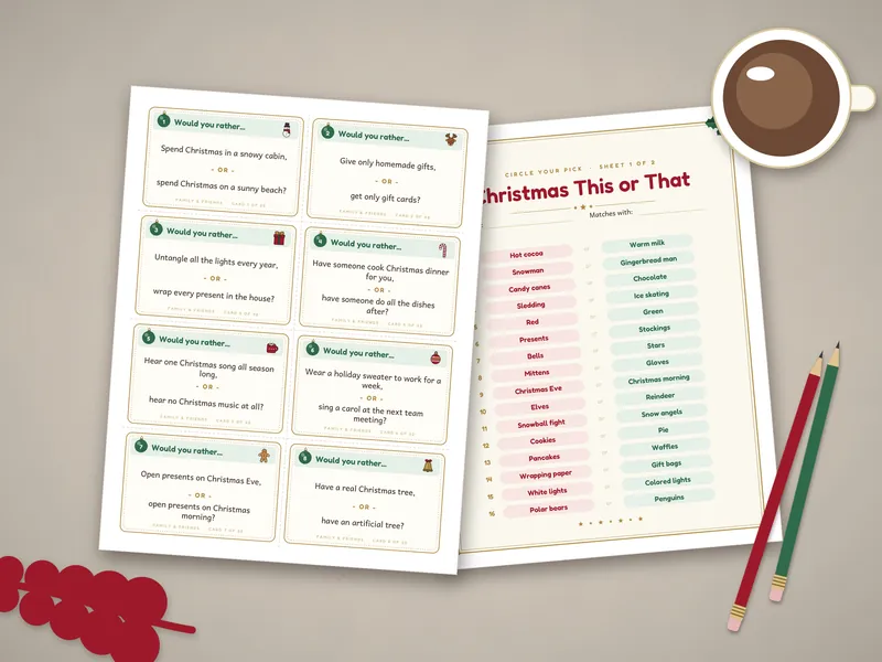 Christmas Would You Rather Game: printed pages laid flat