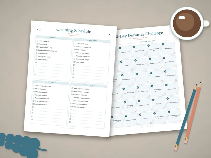 Cleaning Schedule Printable Set: printed pages laid flat