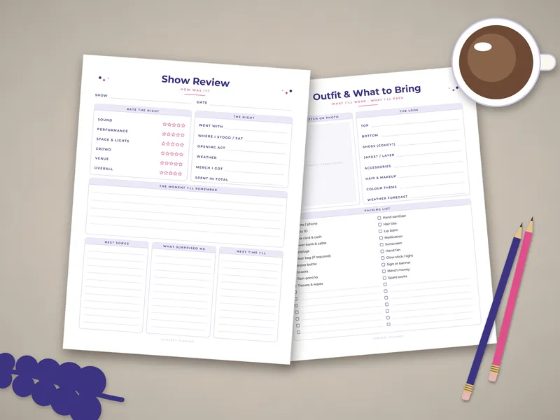 Concert Planner and Ticket Log: printed pages laid flat