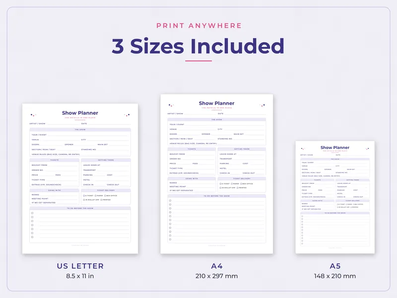 Concert Planner and Ticket Log: paper sizes