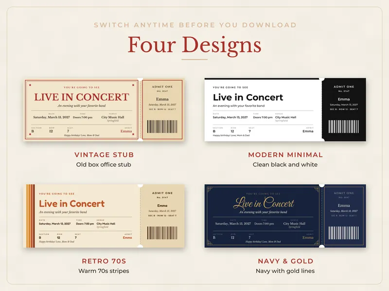 Editable Surprise Gift Ticket: four designs