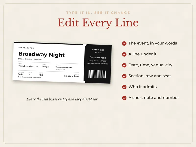 Editable Surprise Gift Ticket: edit every line