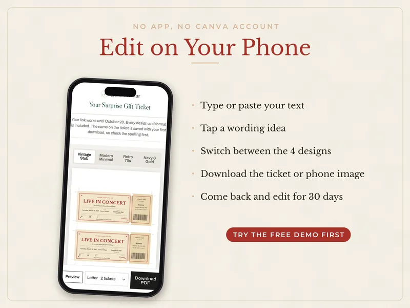 Editable Surprise Gift Ticket: edit on a phone