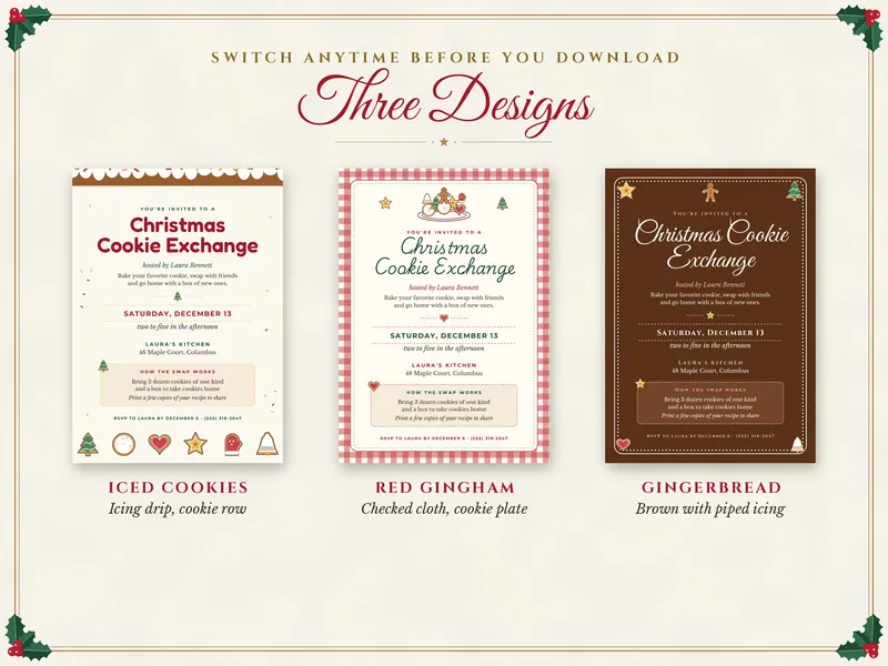 Editable Cookie Exchange Invitation: three designs