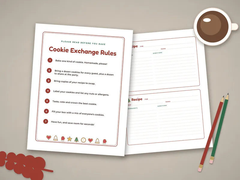 Christmas Cookie Exchange Party Kit: printed pages laid flat