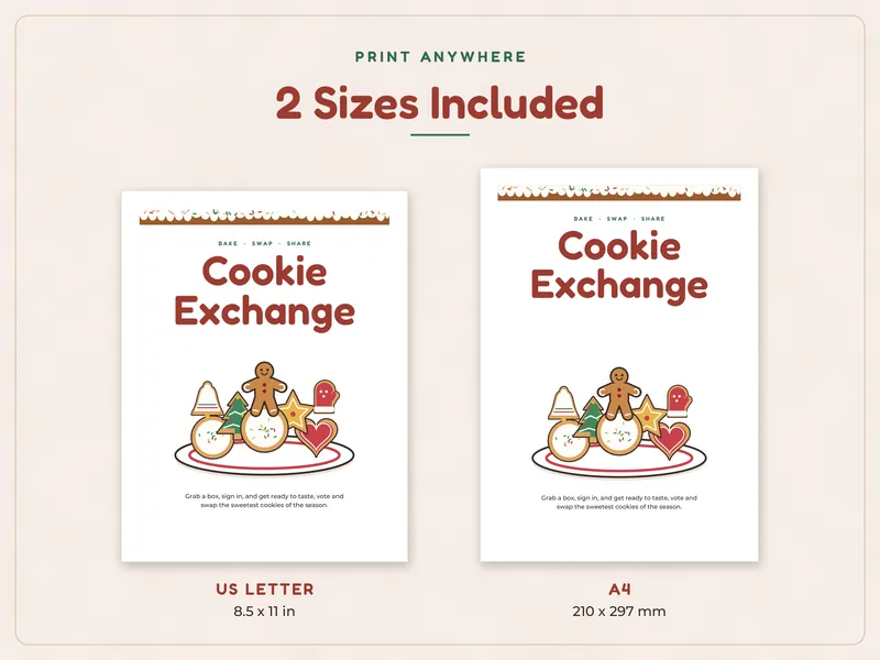 Christmas Cookie Exchange Party Kit: paper sizes