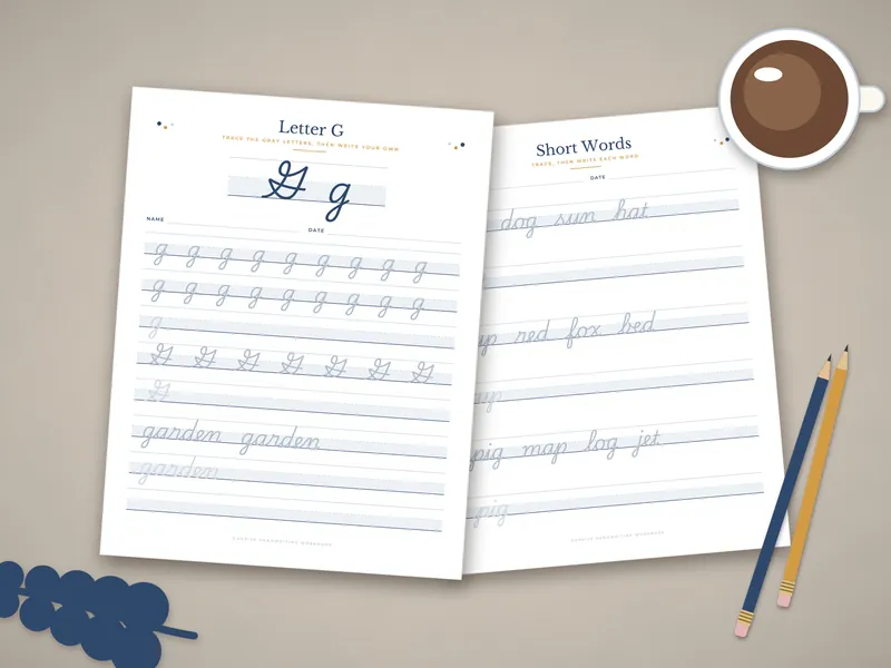 Cursive Handwriting Workbook: printed pages laid flat