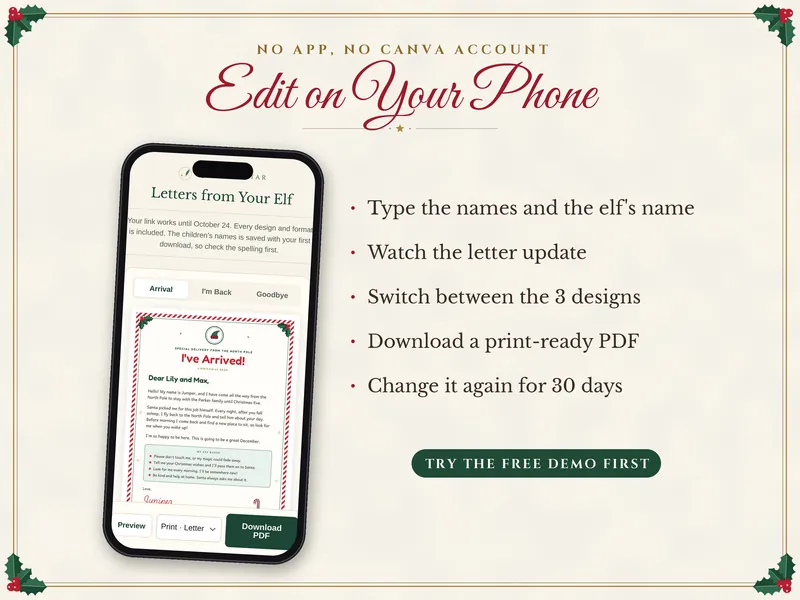 Editable Elf Arrival and Goodbye Letters: edit on a phone