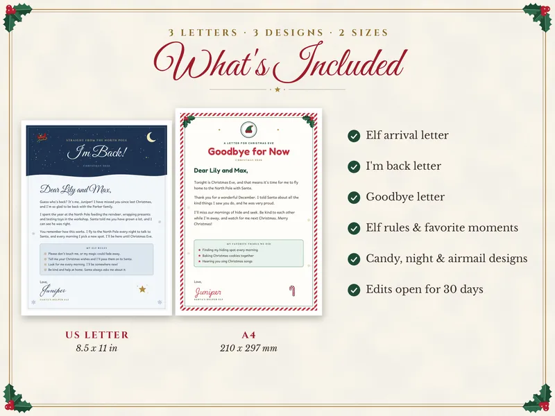 Editable Elf Arrival and Goodbye Letters: what's included