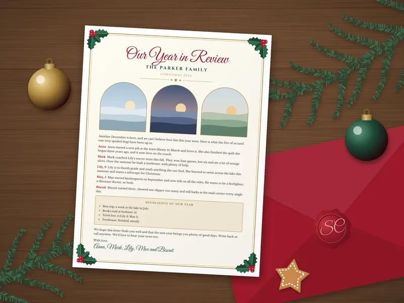 Editable Family Christmas Letter: printed pages laid flat