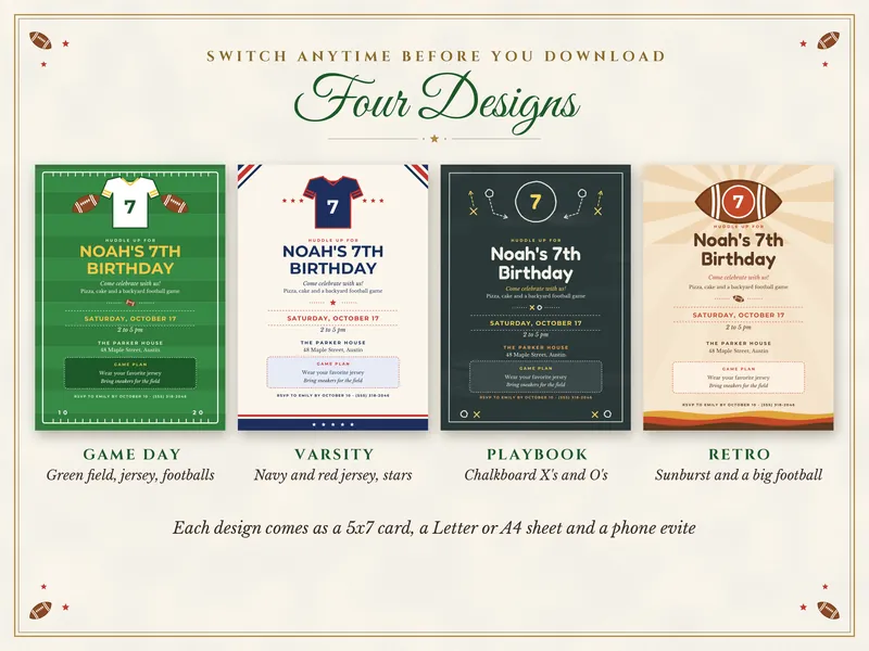 Editable Football Birthday Invitation: four designs