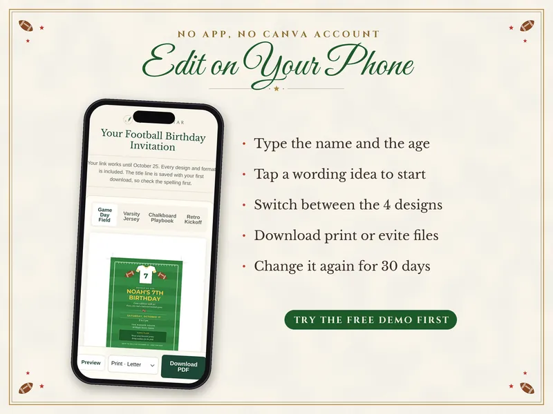 Editable Football Birthday Invitation: edit on a phone