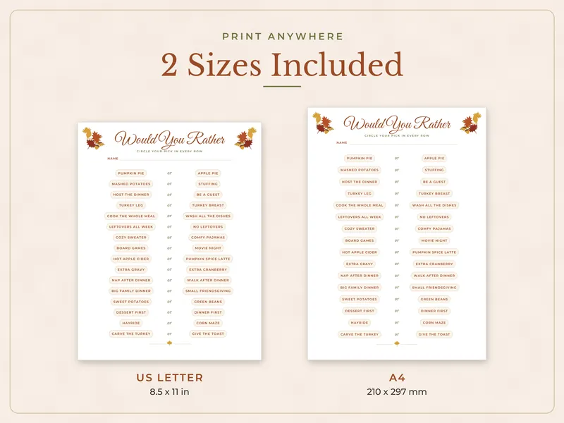 Thanksgiving and Friendsgiving Games Bundle: paper sizes